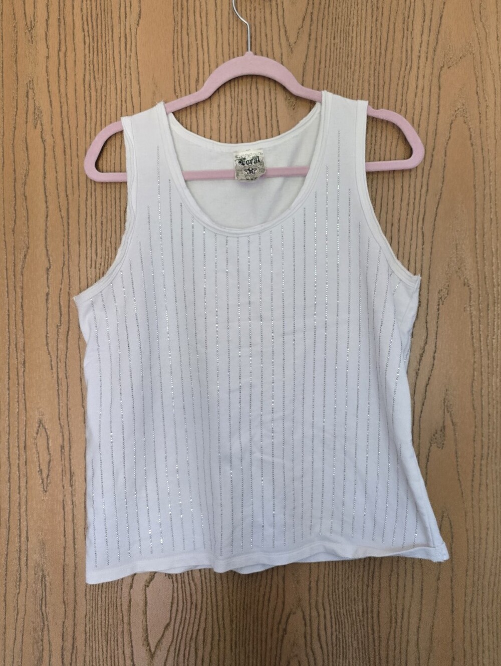 Vocal White Tank Top with Silver Rhinestone Pinstripes